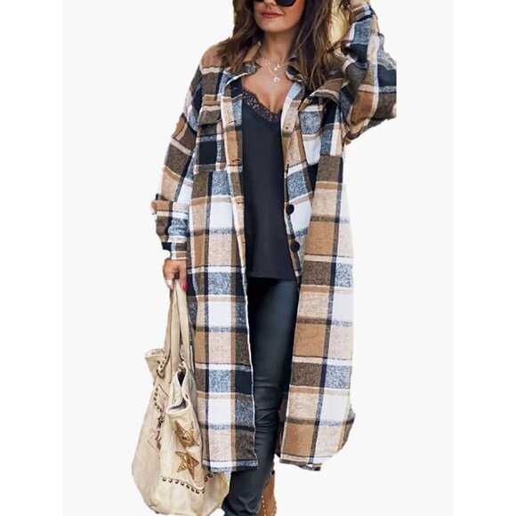Brown Plaid Print‎ Button Down Long Midi Trench Flannel Jacket Shacket - Picture 6 of 7